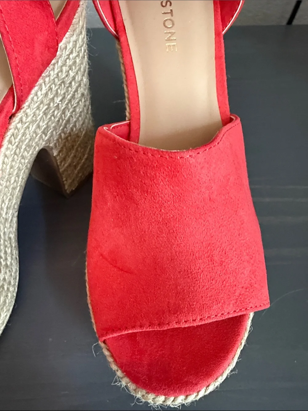 Sun + Stone Coral Red Suede Espadrille Wedge Sandals size 8